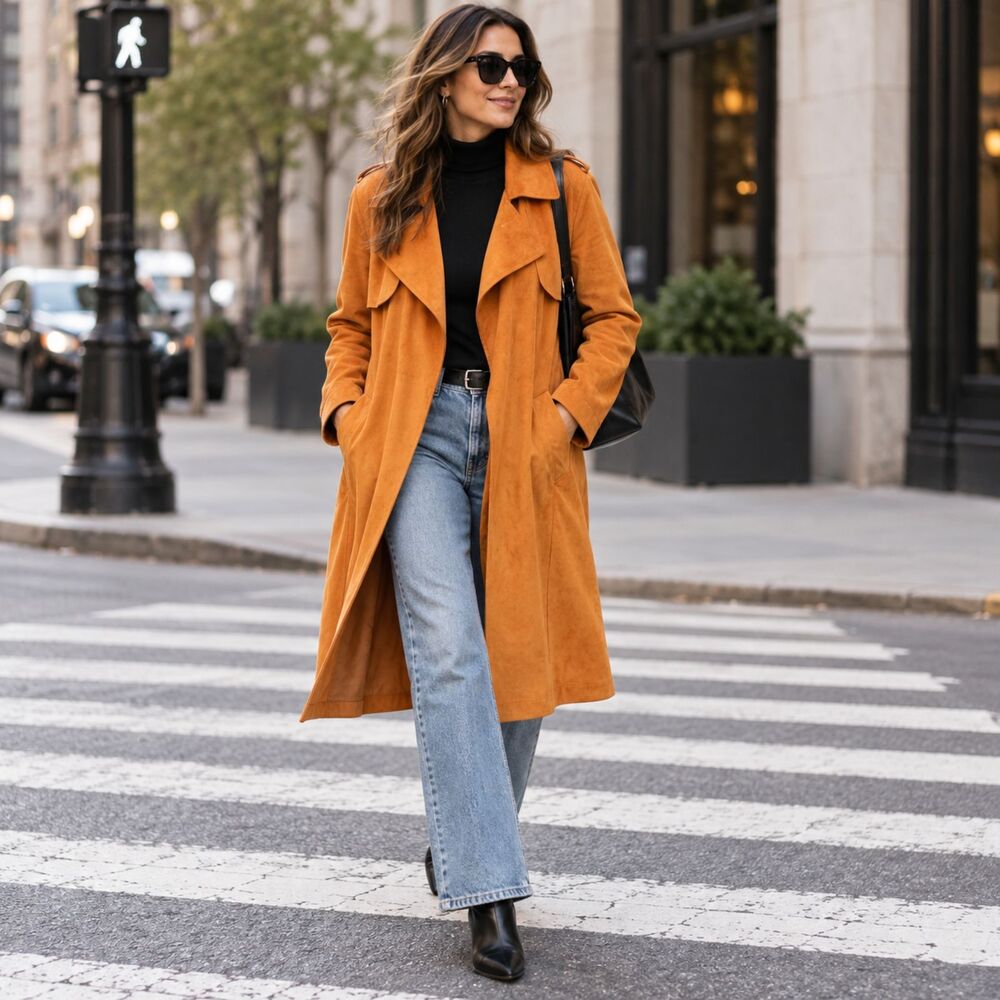 Ookie & Lala Rust Faux Suede Waterfall Trench Coat Duster Jacket Boho City Chic